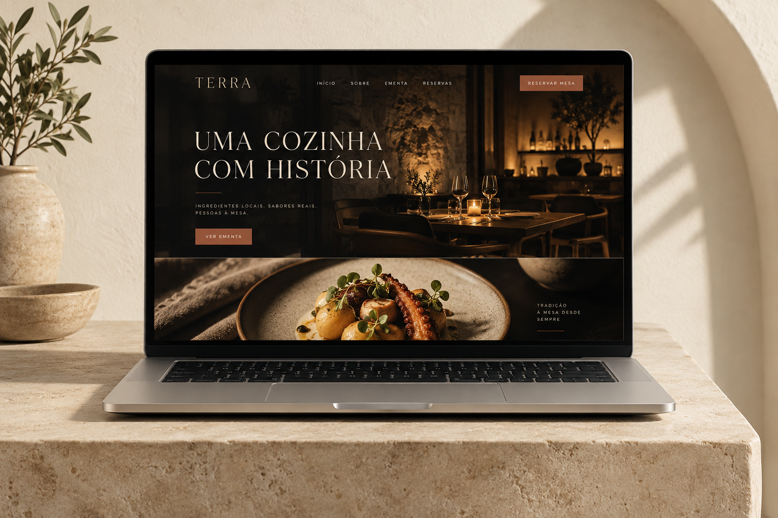 Conceito visual de um website de restaurante apresentado num computador portátil